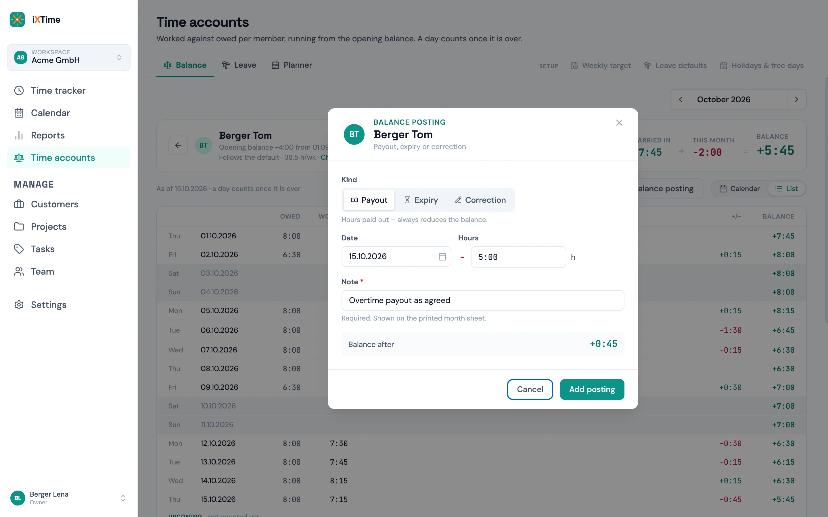 Dialog “Balance posting”: kind payout, hours, date, note and “Balance after”