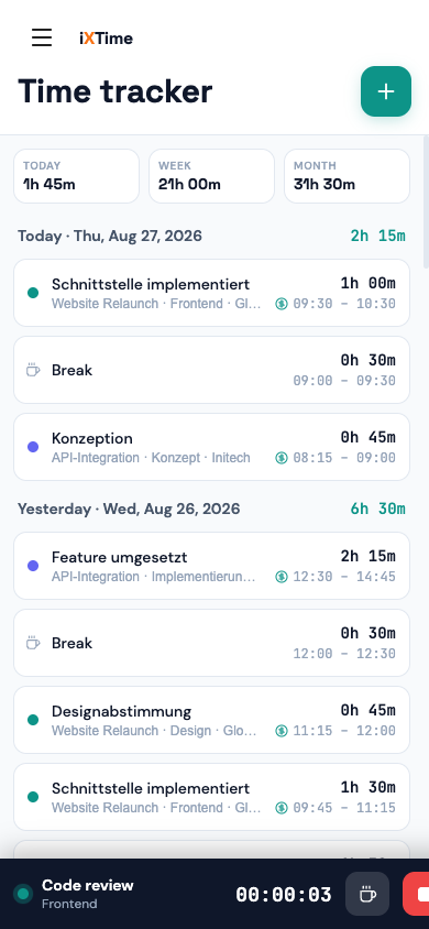 Time tracker with the Pause button next to the running timer and break entries in the list (Mobile)