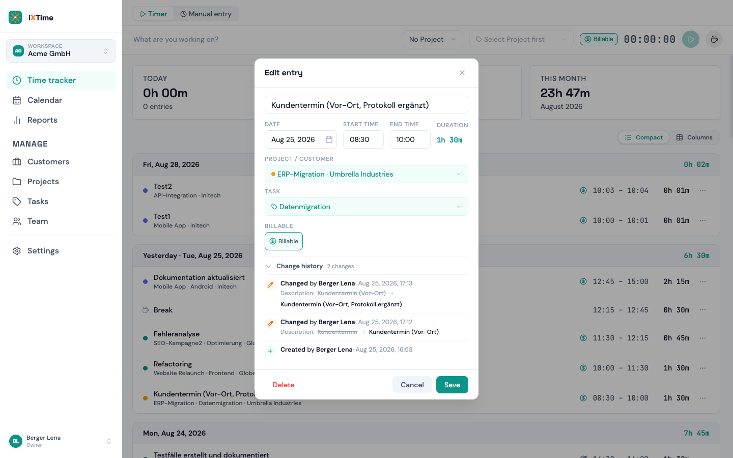 Entry dialog with the change history expanded: who changed which field when (old → new)