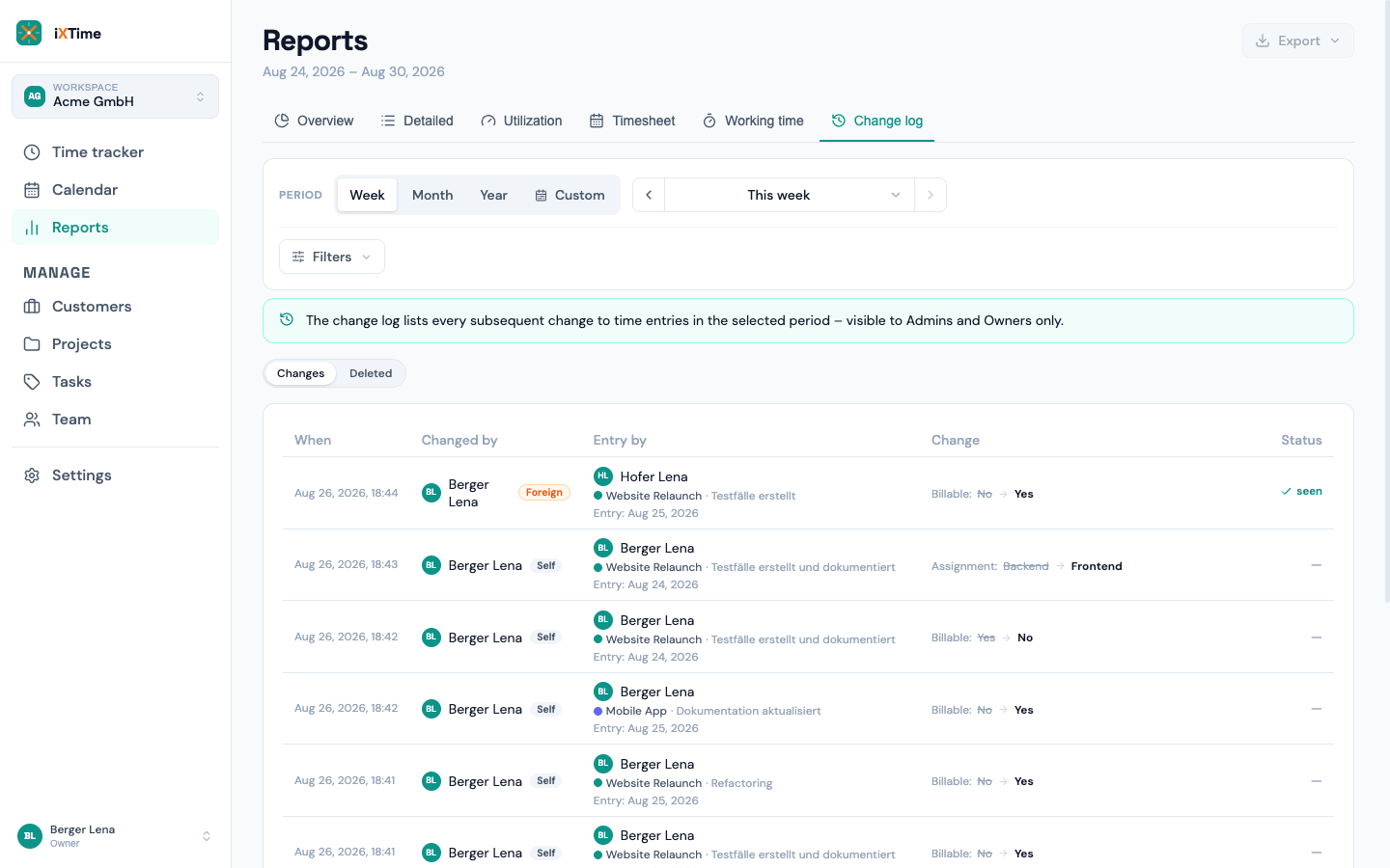 Changelog with change rows old → new