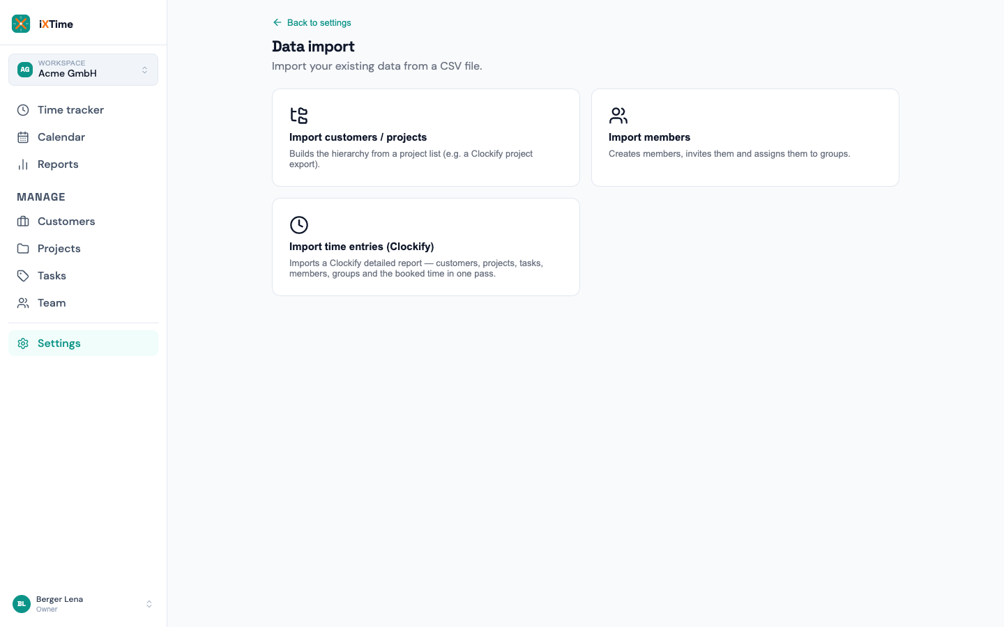 Import wizard: upload a file, map columns, preview