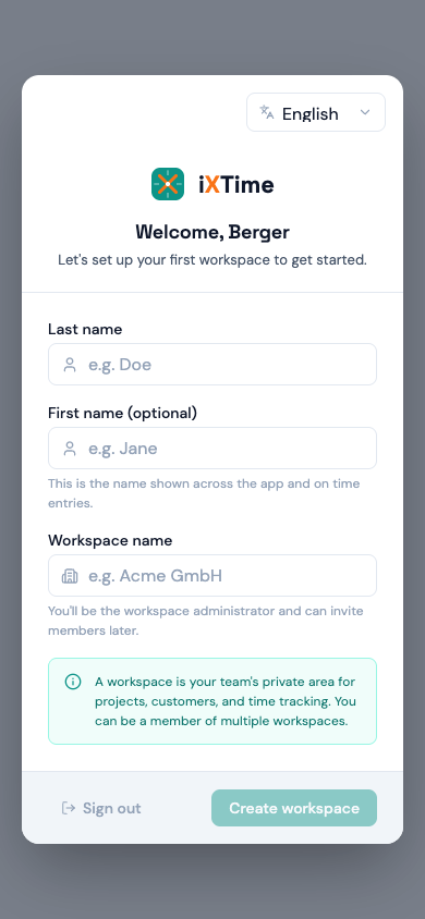 The “Create new workspace” form with the name field (Mobile)