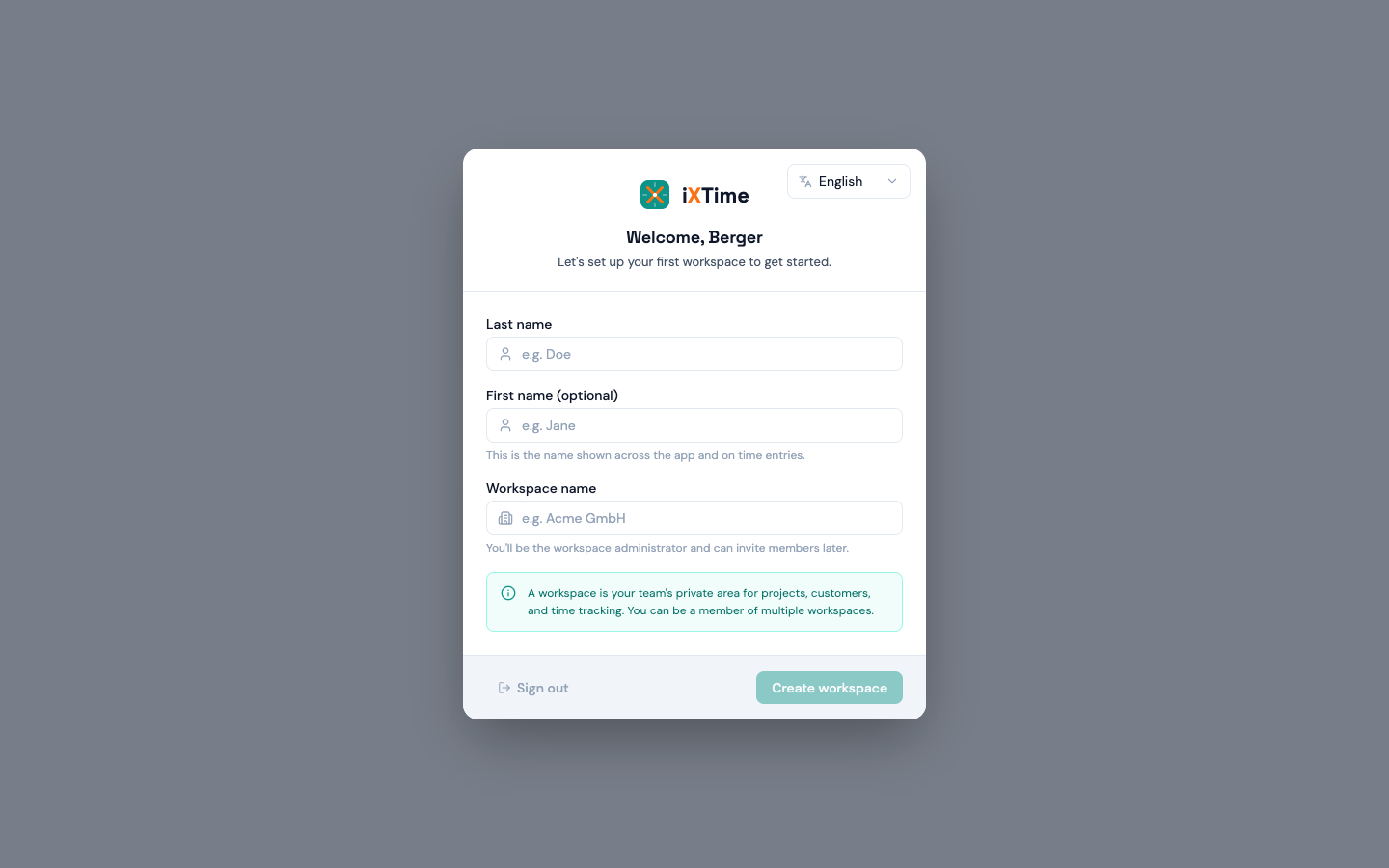 The “Create new workspace” form with the name field