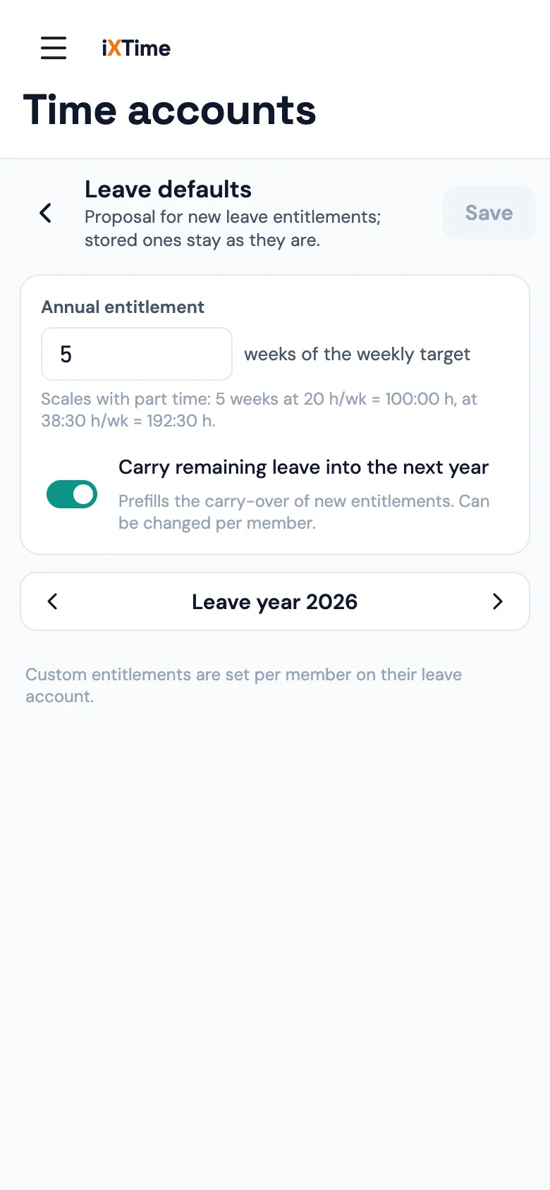 Leave defaults: annual entitlement 5 weeks of the weekly target, carry-over on, next to it the card with the members per group (Mobile)