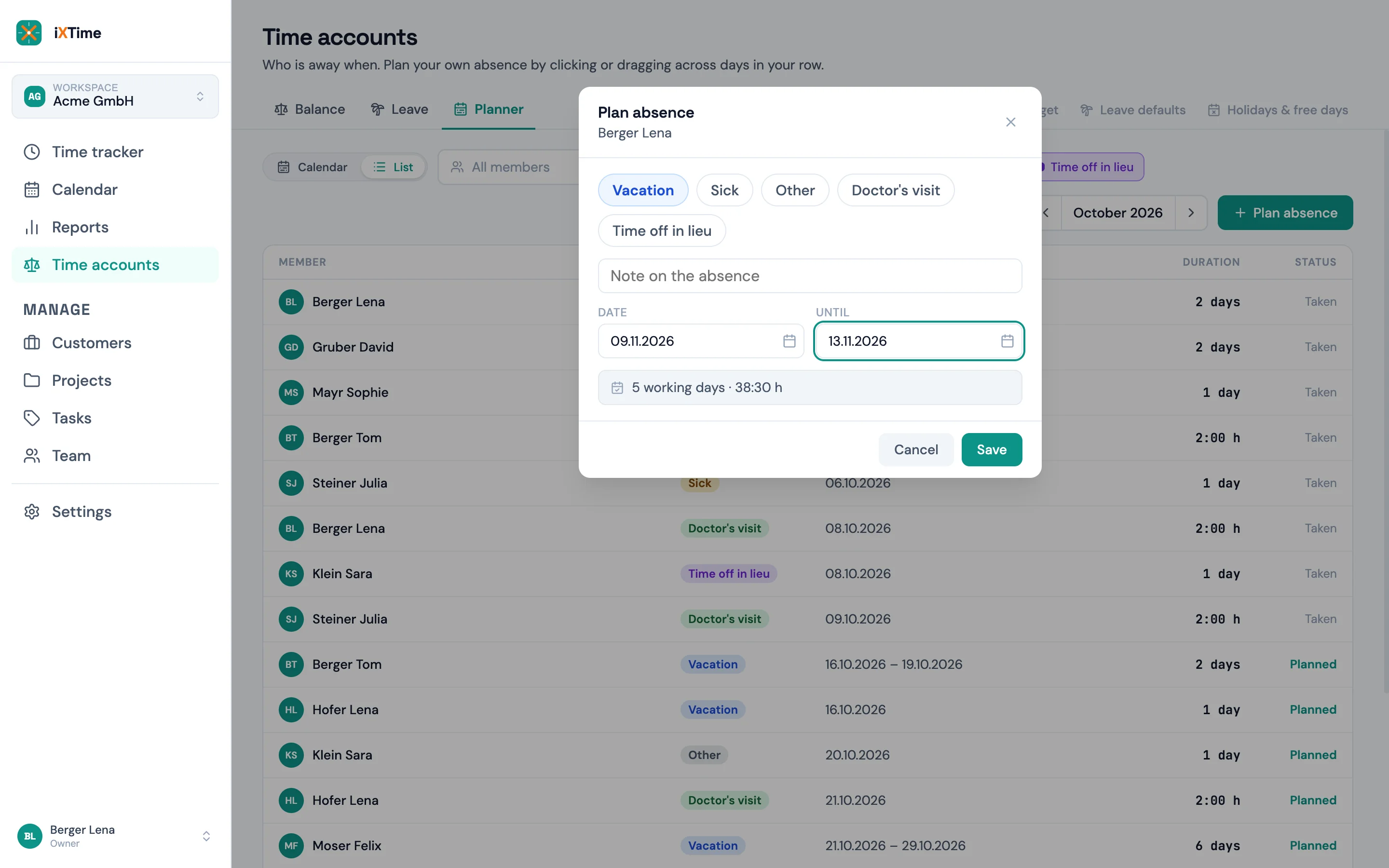 Absence dialog opened from the planner with the prefilled range, reason pills and the booking summary