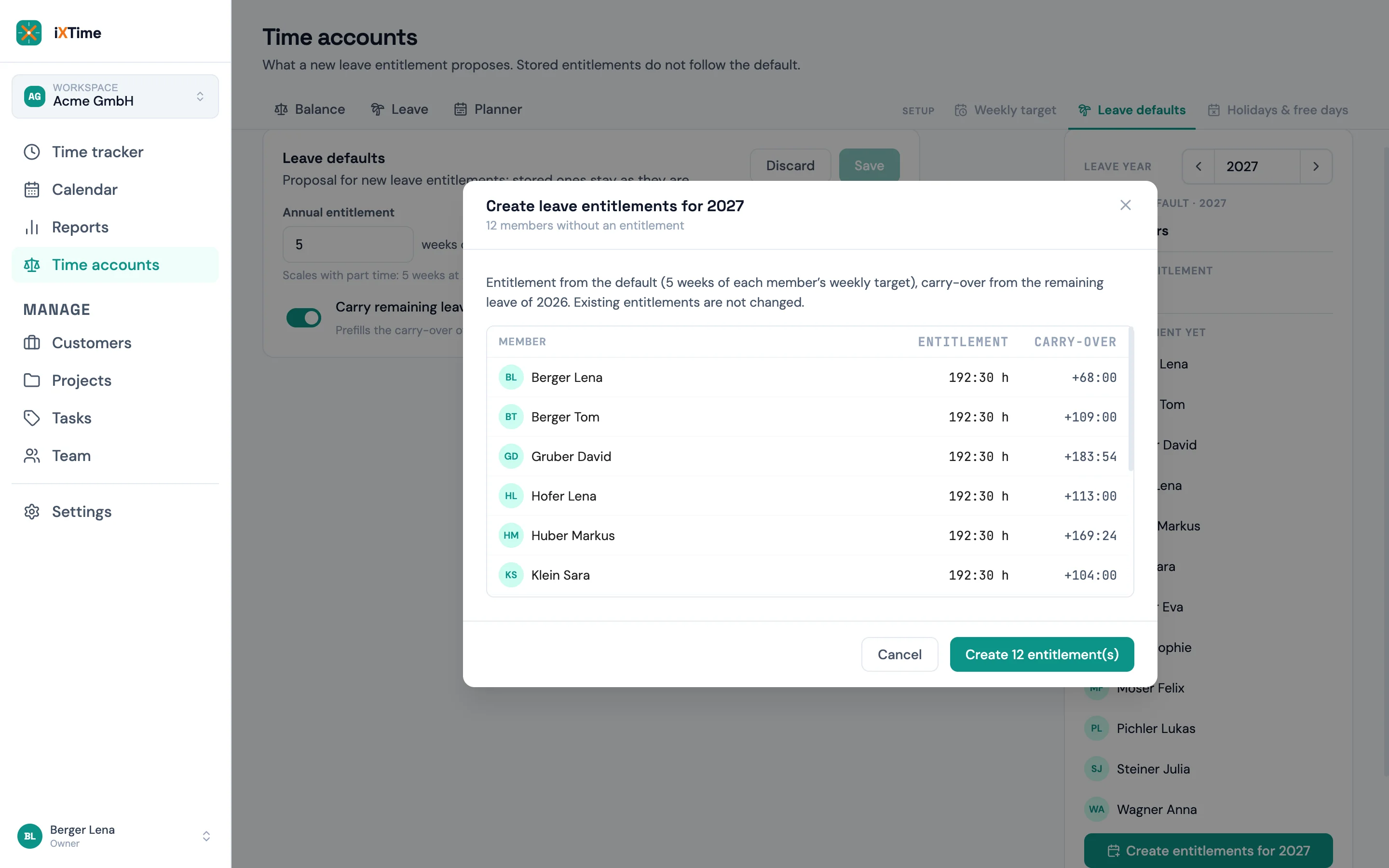 Dialog “Create leave entitlements for 2027”: preview per member with entitlement and carry-over from the 2026 remainder