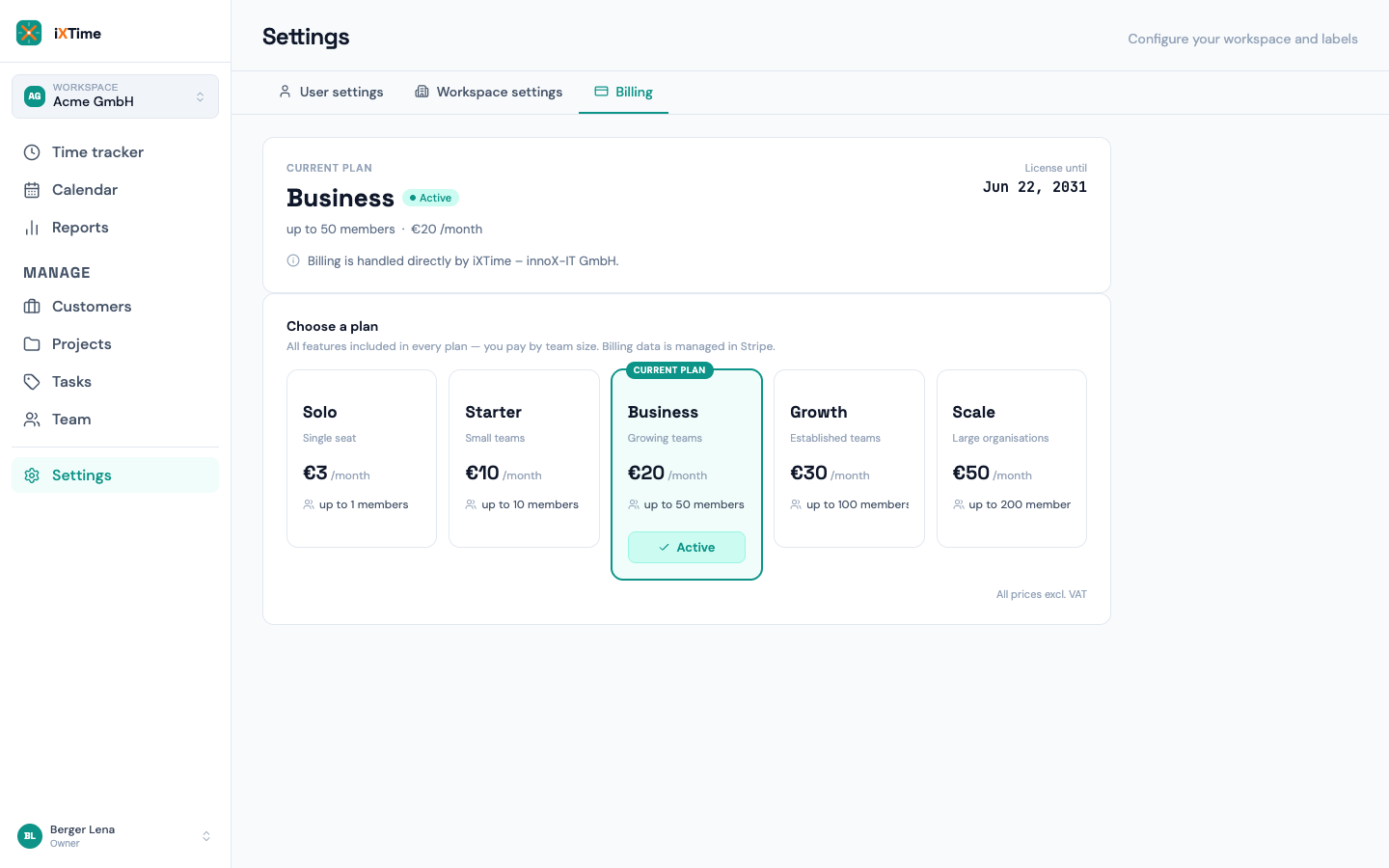 Billing with current plan and plan selection