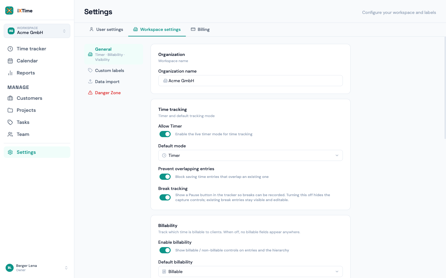 General workspace settings