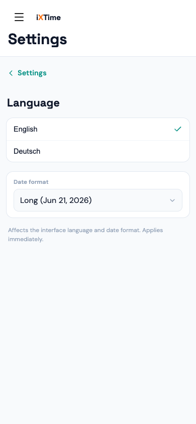 Personal settings with profile, language and date format (Mobile)