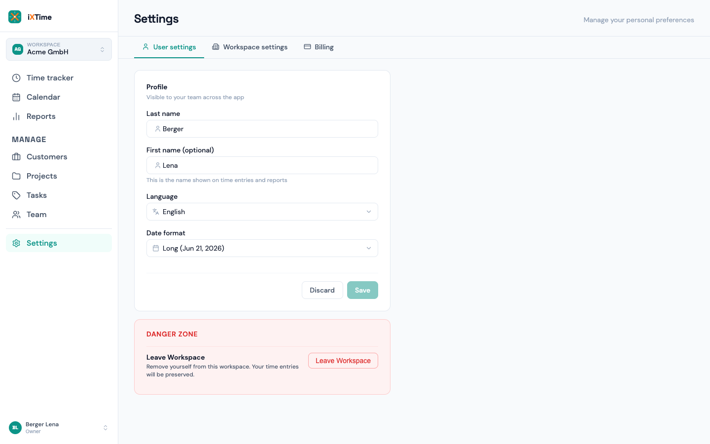 Personal settings with profile, language and date format