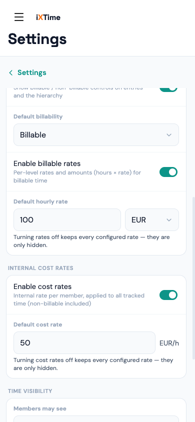 Workspace settings with the internal cost rates group (Mobile)