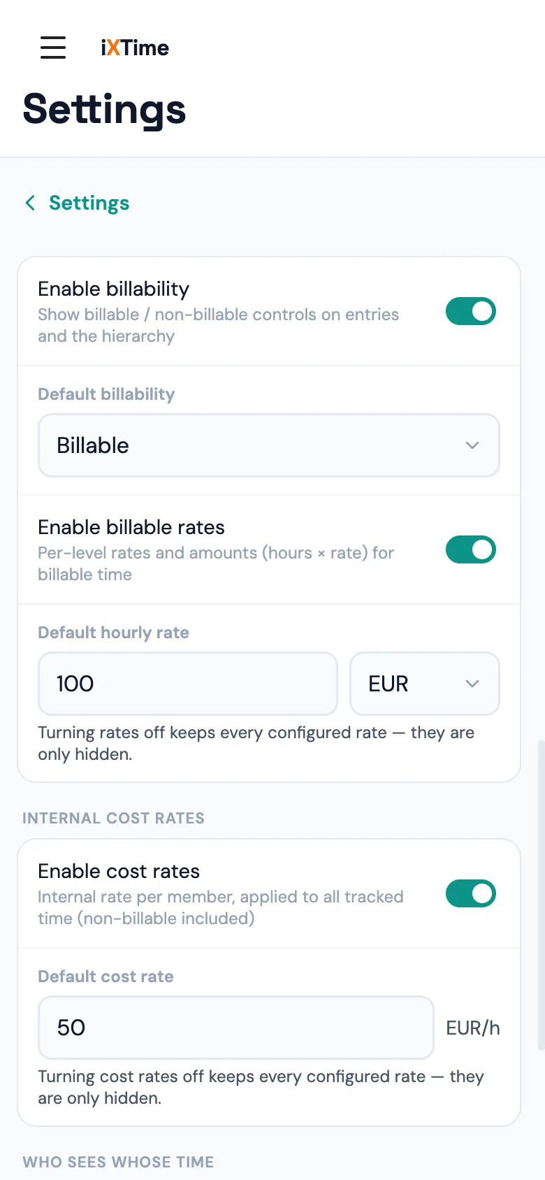 Workspace settings with the billable-rates toggle, default hourly rate and currency (Mobile)