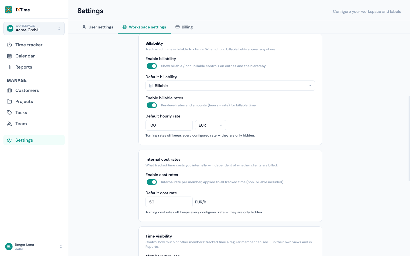 Workspace settings with the internal cost rates group