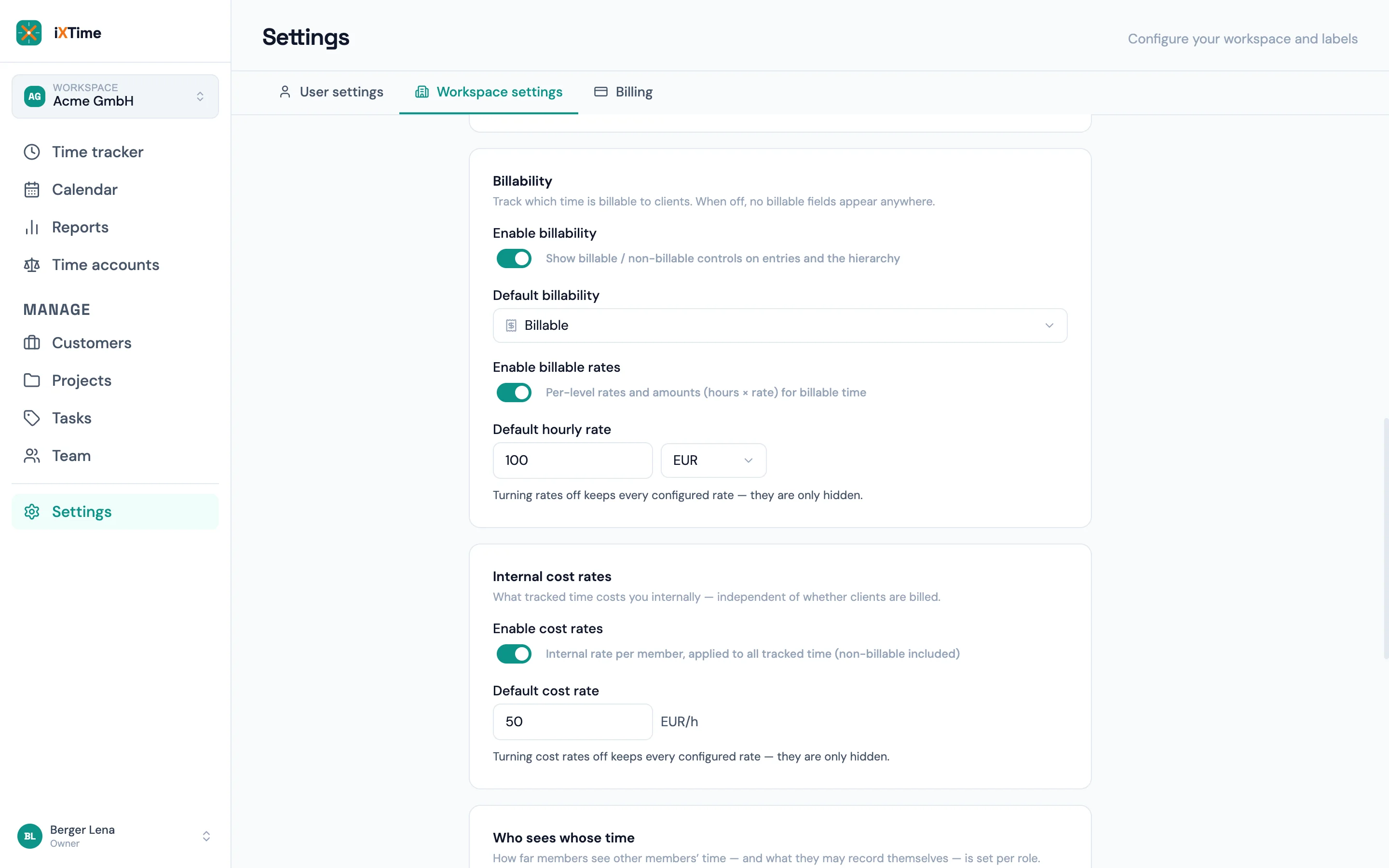 Workspace settings with the billable-rates toggle, default hourly rate and currency