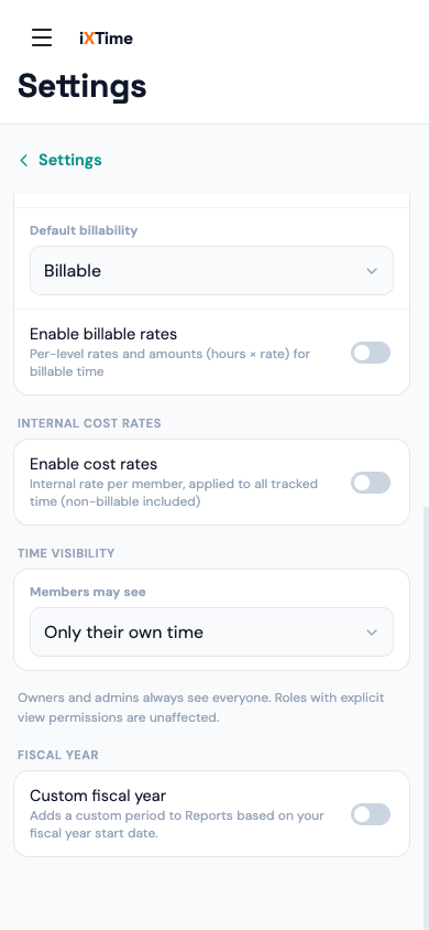 Member time-entry visibility: Own, Team, All (Mobile)