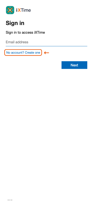 Sign-in page with the “No account? Create one” link highlighted (Mobile)