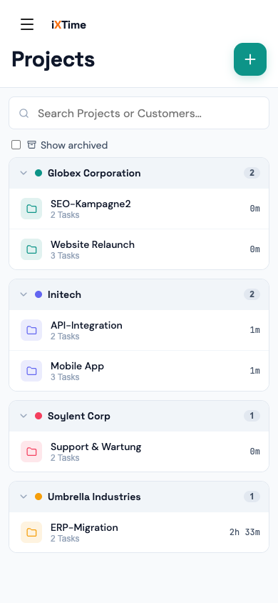 Projects page grouped by customer (Mobile)