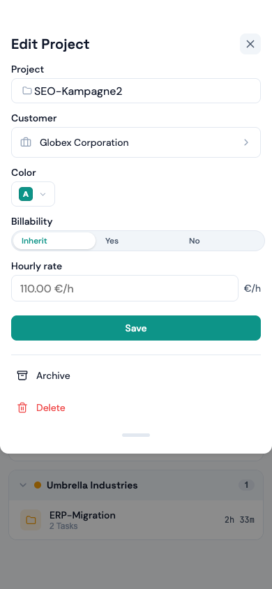 Edit dialog with the hourly-rate field and the inherited rate as placeholder (Mobile)