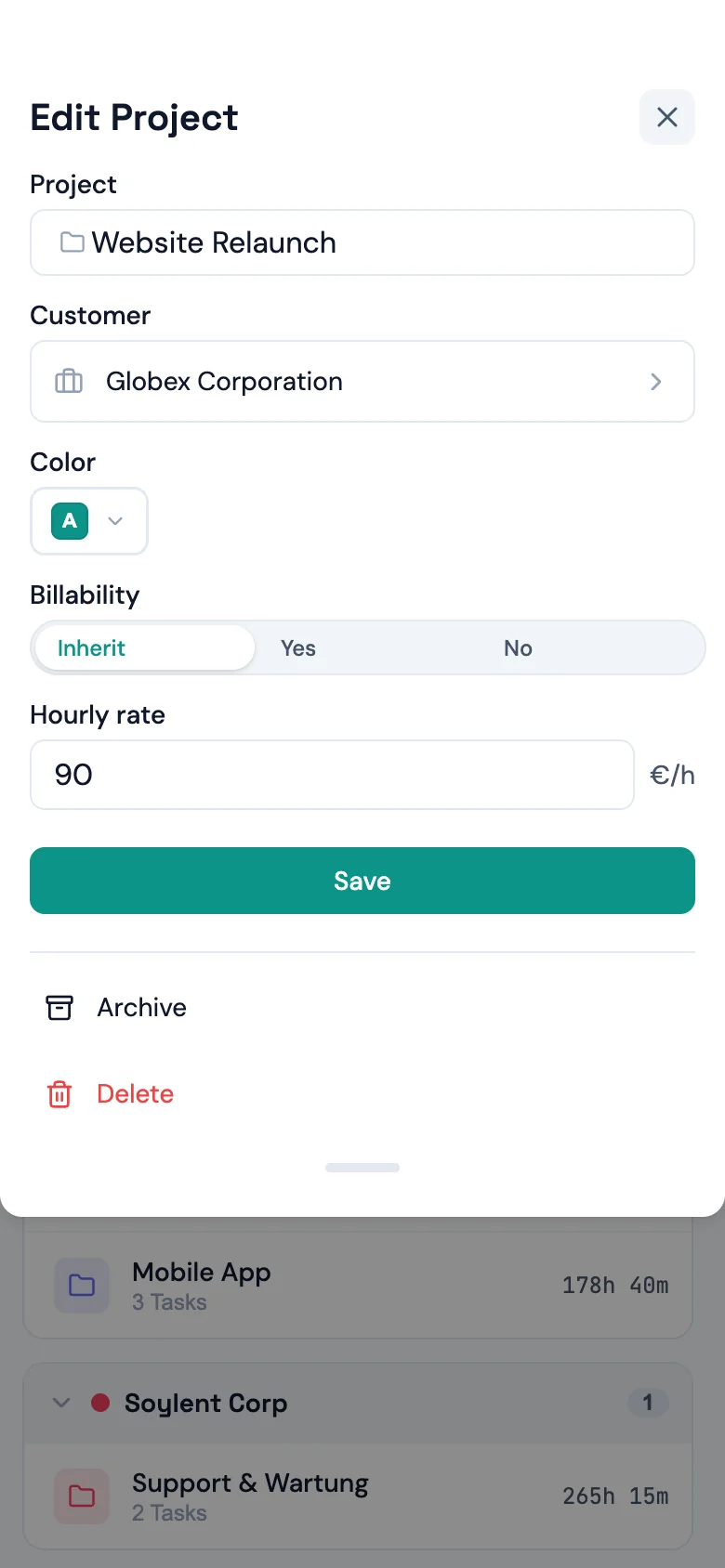 Edit dialog with the hourly-rate field and the inherited rate as placeholder (Mobile)
