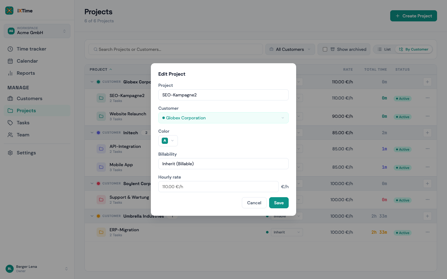 Edit dialog with the hourly-rate field and the inherited rate as placeholder