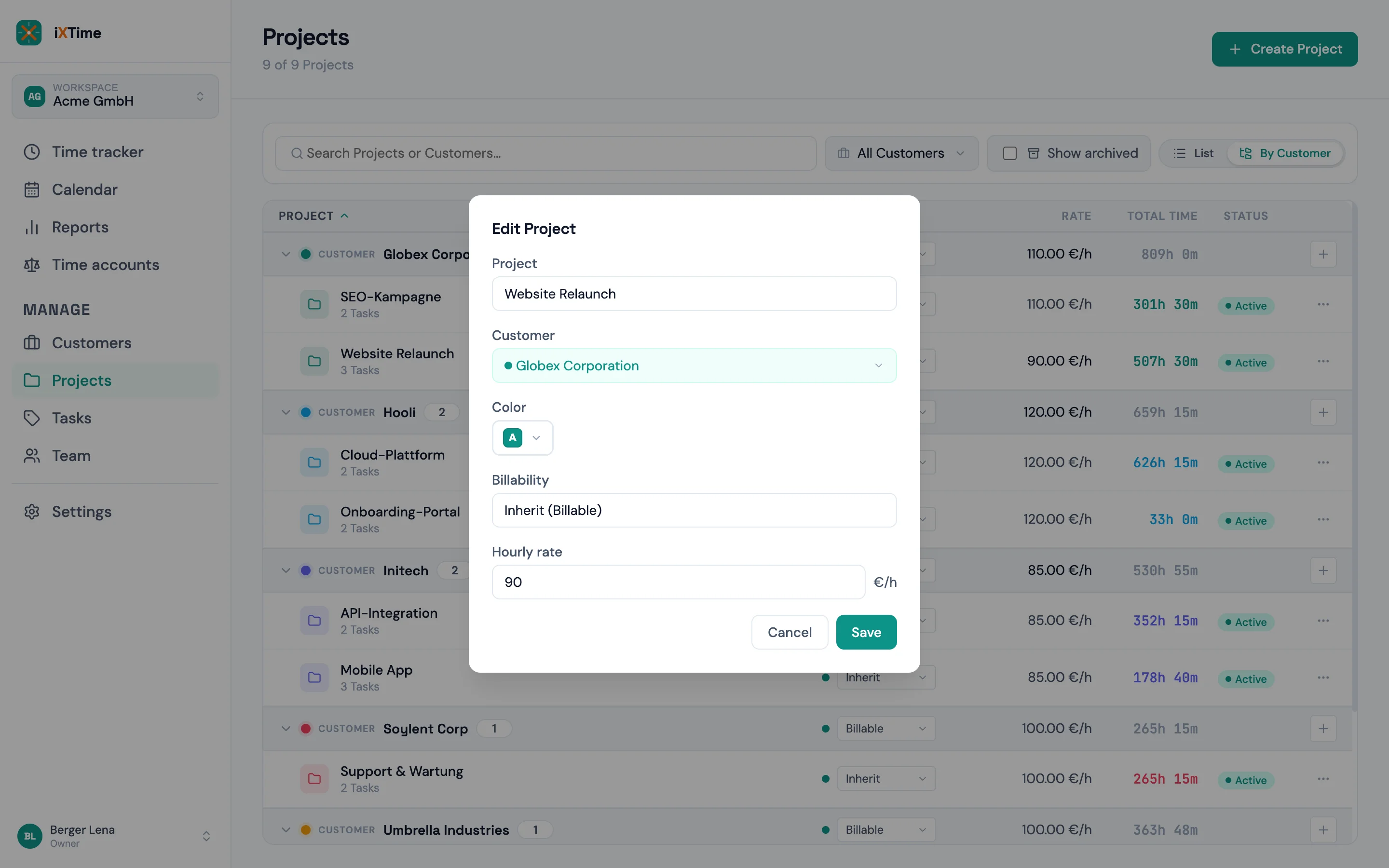 Edit dialog with the hourly-rate field and the inherited rate as placeholder