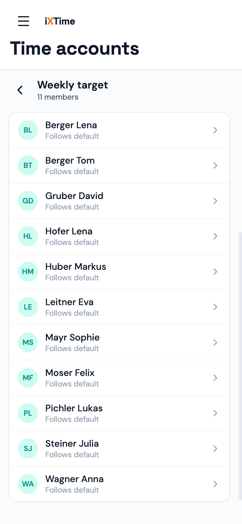Time accounts → Setup → Weekly target: hours per weekday as the workspace default (Mobile)