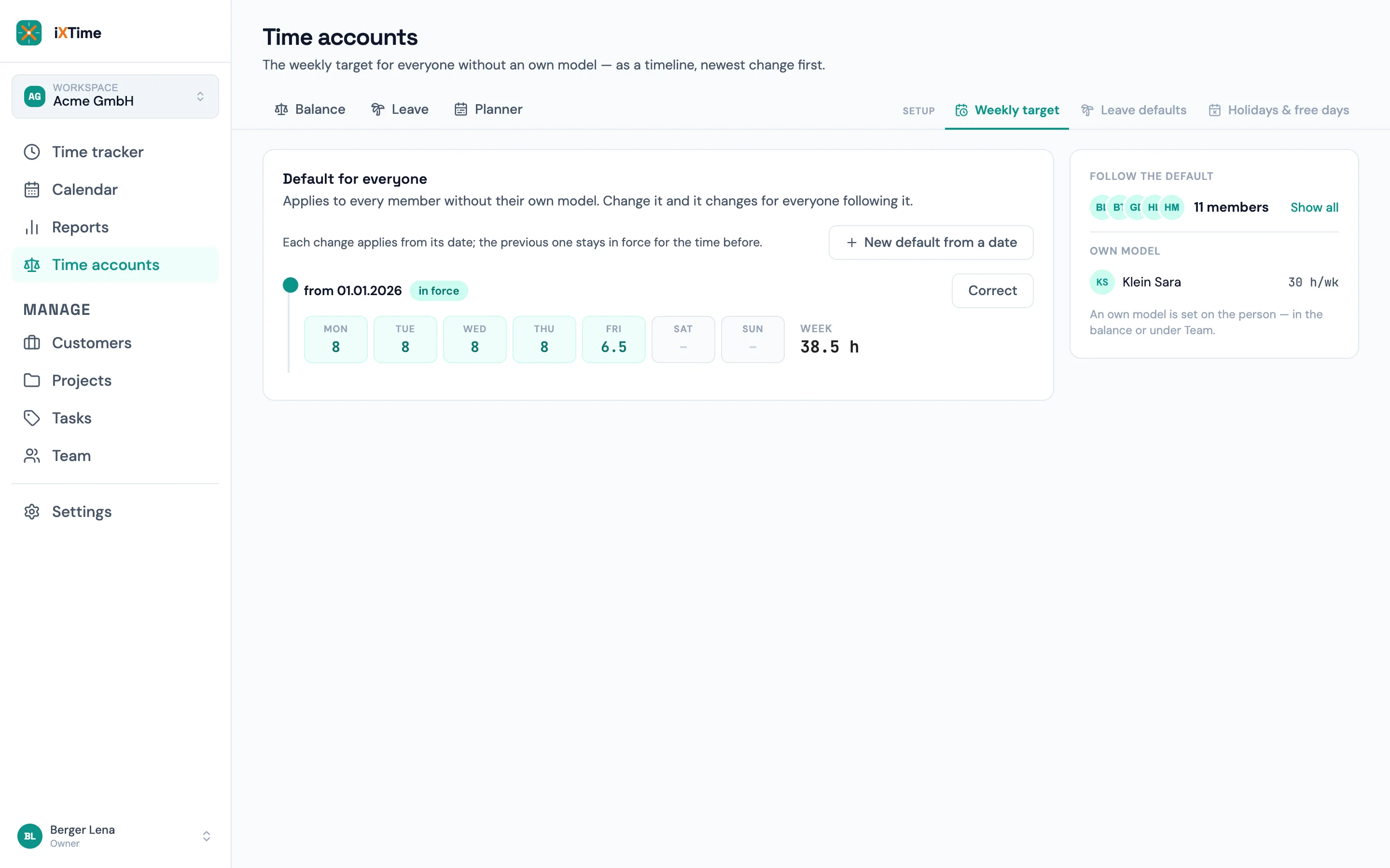 Time accounts → Setup → Weekly target: hours per weekday as the workspace default