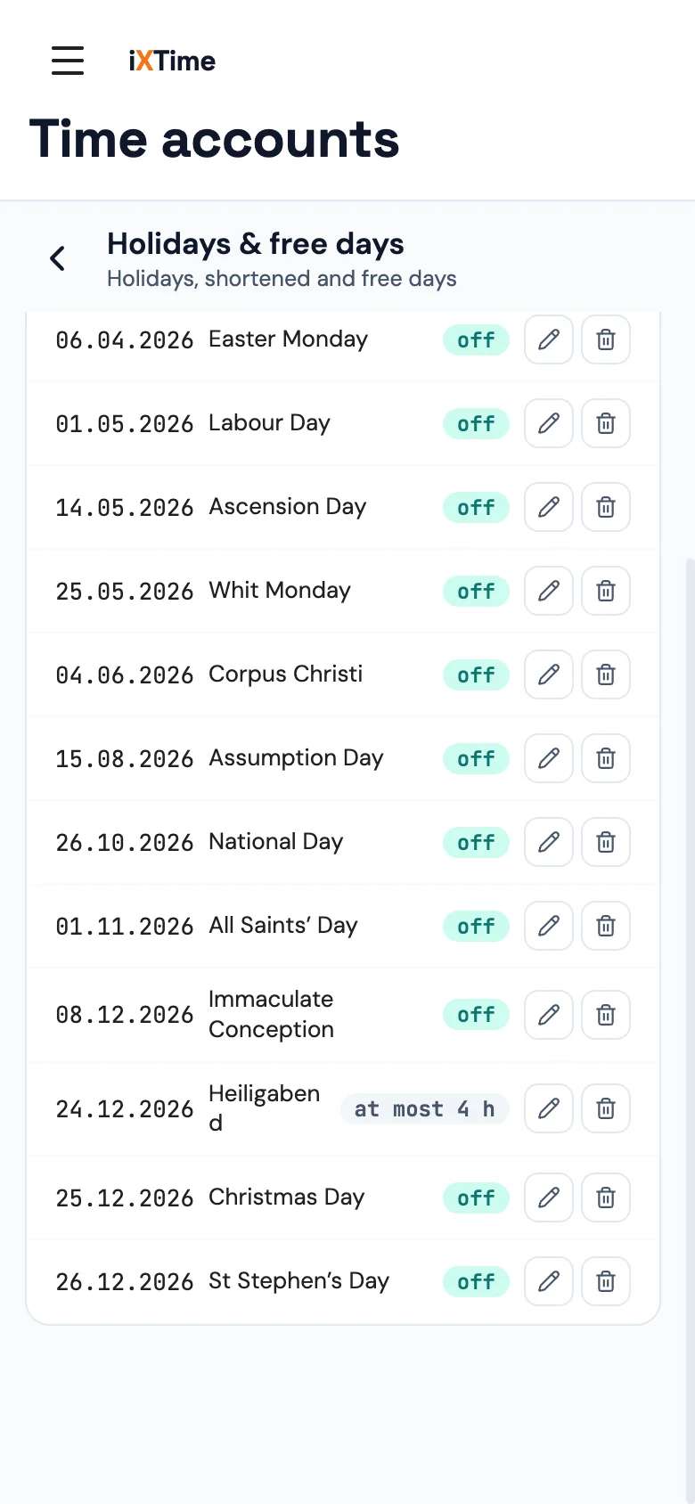 Holidays & free days 2026: list of Austrian public holidays and 24 December with “at most 4 h”, next to twelve month calendars (Mobile)