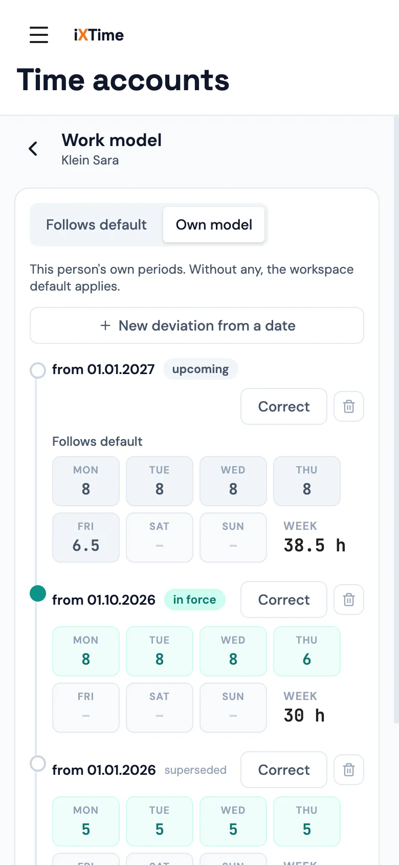 A member’s work model: timeline with 20 h from 1 Jan (superseded), 30 h from 1 Oct (in force) and “Follows default” from 1 Jan 2027 (upcoming) (Mobile)