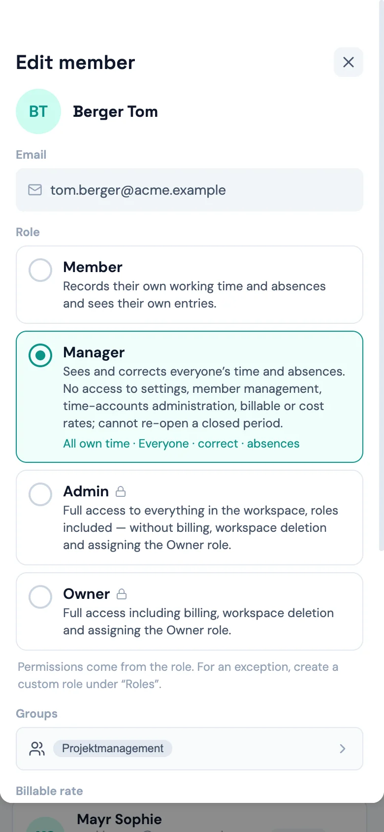 Team page with the billable-rate and cost-rate columns (Mobile)