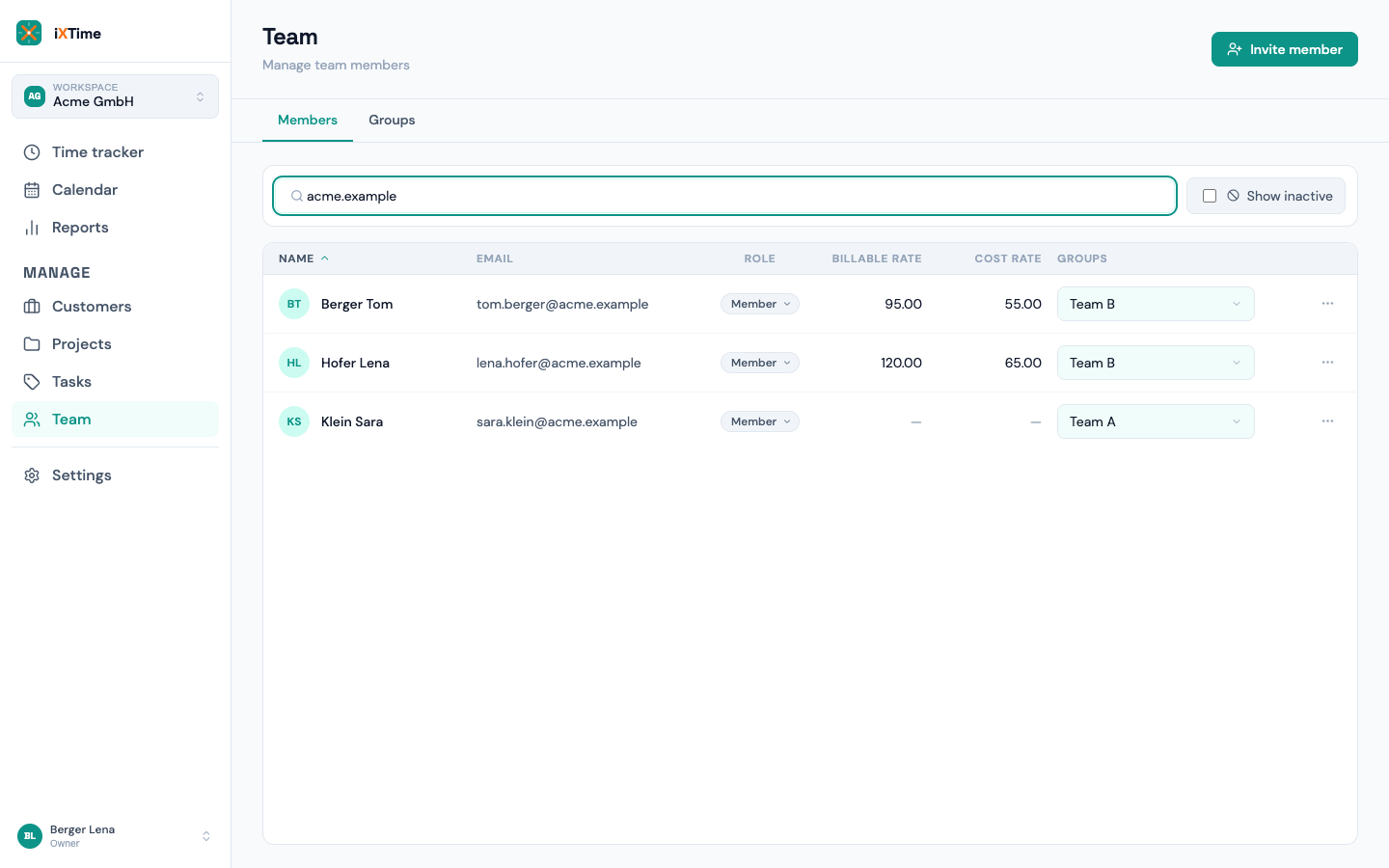 Team page with the cost-rate column