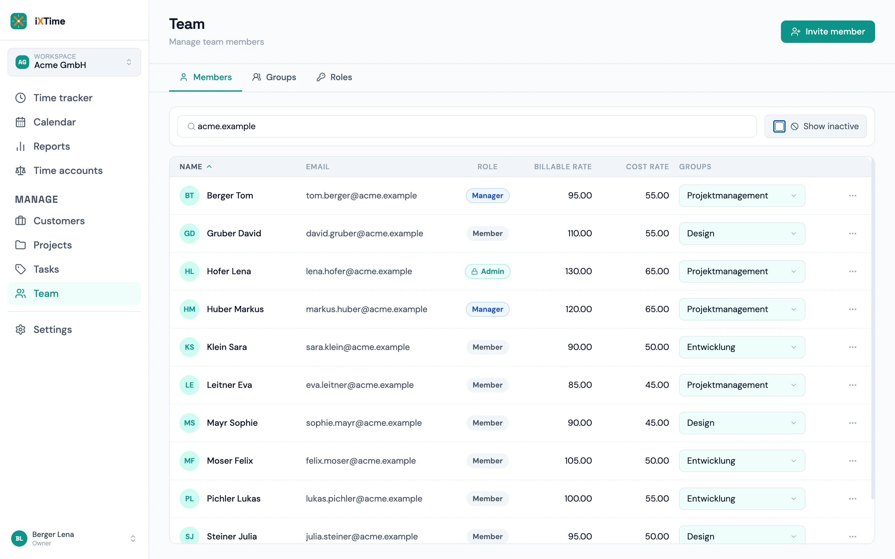 Team page with the billable-rate and cost-rate columns
