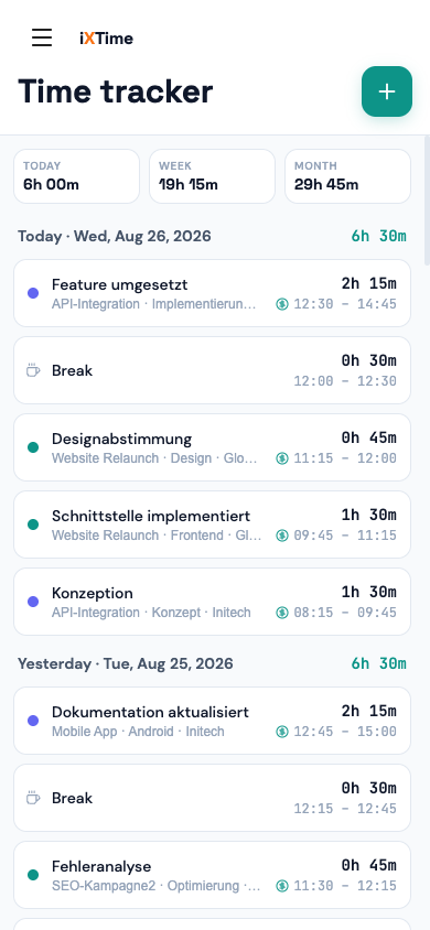 Time Tracker with the timer bar and entries list (Mobile)