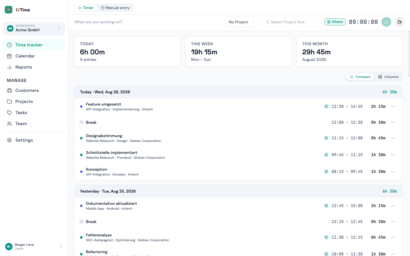 Time Tracker with the timer bar and entries list