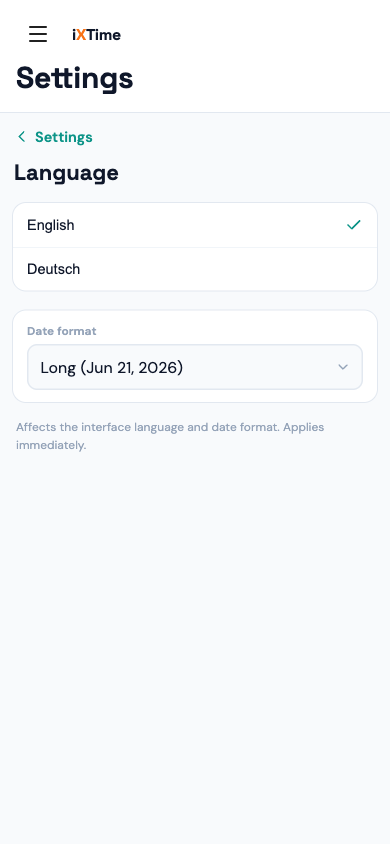 Persönliche Einstellungen mit Profil, Sprache und Datumsformat (Mobil)