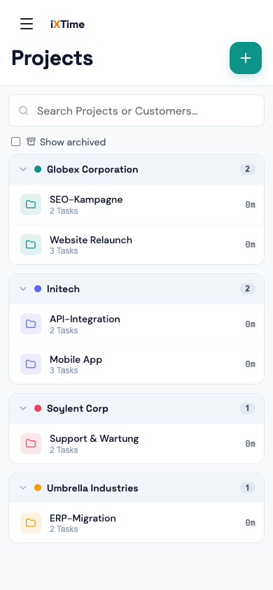 Projekte-Seite nach Kunde gruppiert (Mobil)