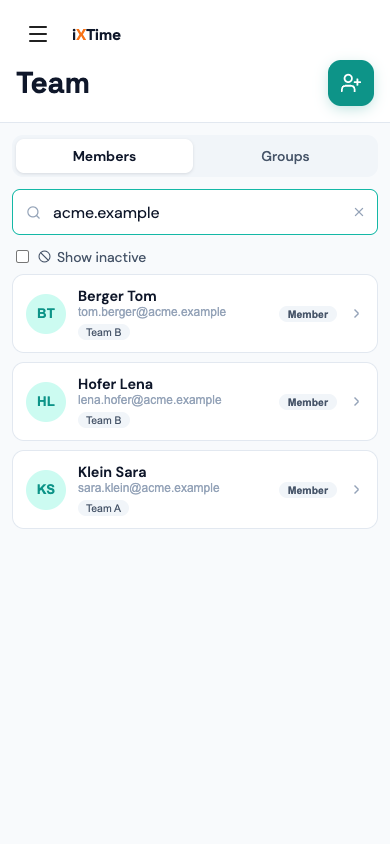 Team-Seite mit Mitgliederliste, Rollen und Gruppen (Mobil)