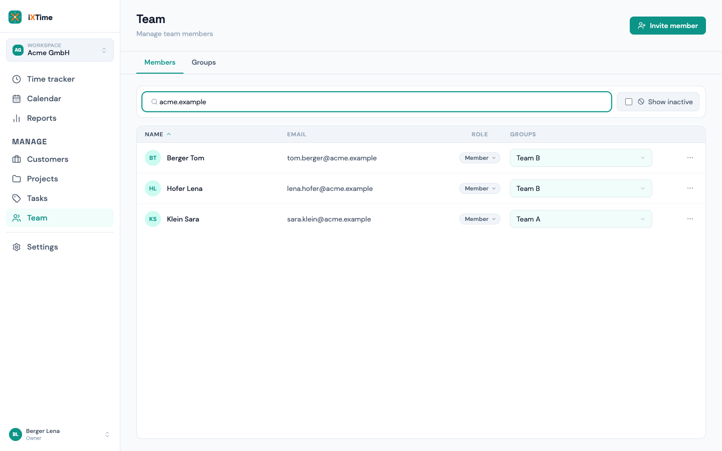 Team-Seite mit Mitgliederliste, Rollen und Gruppen
