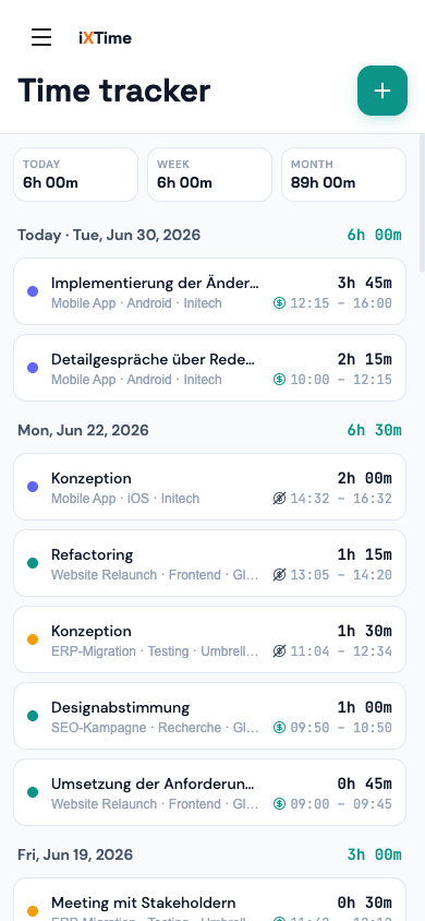 Time Tracker mit Timer-Leiste und Einträgeliste (Mobil)